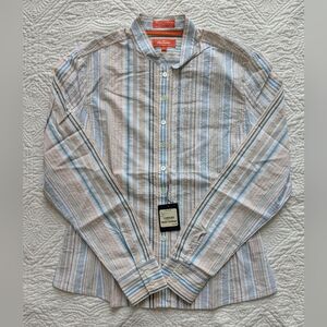 Faconnable Beige and Light Blue Striped Button Down Shirt